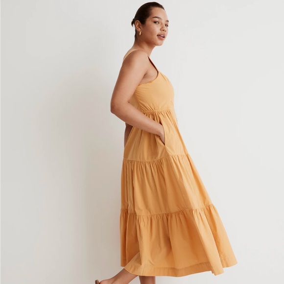 Madewell Button-Front Tiered Midi Dress in mustard yellow size 6p - Picture 3 of 11